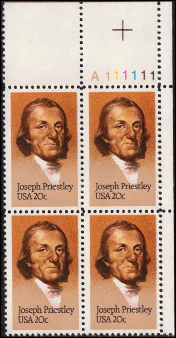 United States | Joseph Priestley Plate Block of Four 20-Cent United States Postage Stamps Issued 1983 Multicolored Stamp Multicolored