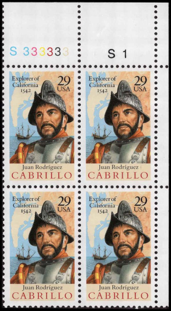 United States | Juan Rodriguez Cabrillo Plate Block of Four 29-Cent United States Postage Stamps Issued 1992 Multicolored Stamp Multicolored