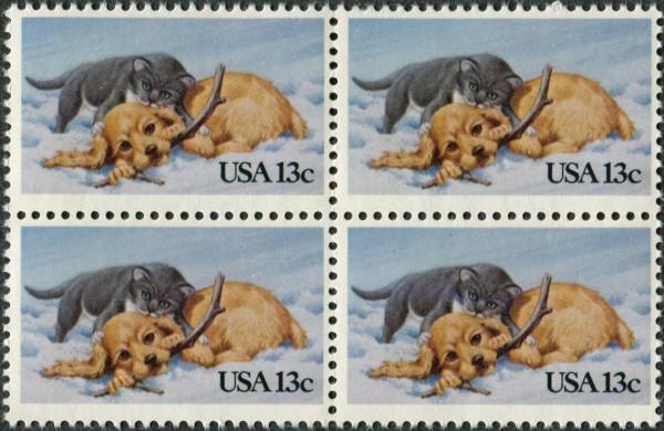 United States | Kitten and Puppy Block of Four 13-Cent United States Postage Stamps Multicolored Stamp Multicolored