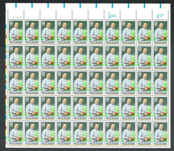 United States | Knute Rockne Sheet of Fifty 22-Cent United States Postage Stamps Issued 1988 Multicolored Stamp Multicolored