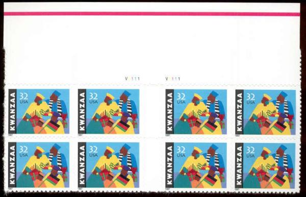 United States | Kwanzaa Gutter Pair of 32-Cent US Postage Stamp Plate Blocks from Press Sheet Issued 1997 Multicolored Stamp Multicolored