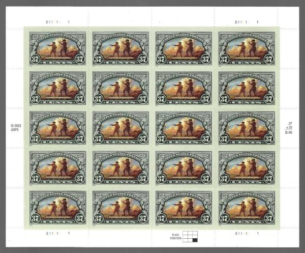 United States | Lewis And Clark Expedition Sheet of Twenty 37-Cent United States Postage Stamps Issued 2004 Green and multicolored Stamp Green & multicolored