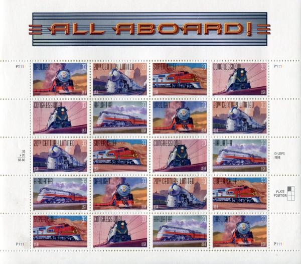 United States | Locomotives Sheet of 20 US 33-Cent Postage Stamps All Aboard Issued 1999 Multicolored Stamp Multicolored