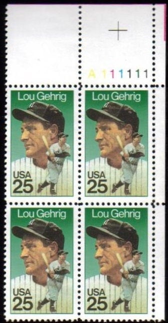 United States | Lou Gehrig Plate Block of Four 25-Cent United States Postage Stamps Multicolored Stamp Multicolored