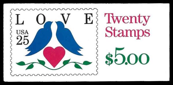 United States | Love Birds Booklet of Twenty 25-Cent US Postage Stamps Issued 1990 Multicolored Stamp Multicolored