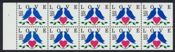 United States | Love Birds Booklet Pane of Ten 25-Cent United States Postage Stamps Issued 1990 Multicolored Stamp Multicolored