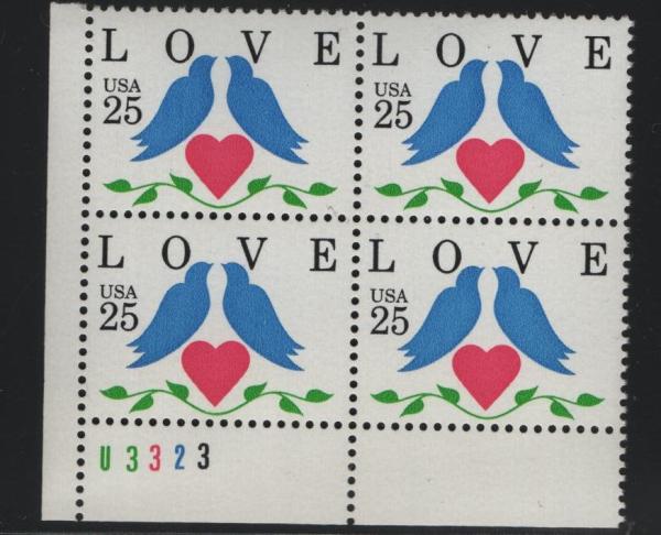 United States | Love Birds Plate Block of Four 25-Cent United States Postage Stamps Issued 1990 Multicolored Stamp Multicolored