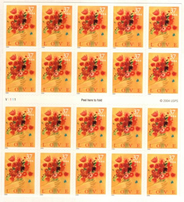 United States | Love Bouquet Booklet Pane of Twenty 37-Cent United States Postage Stamps Issued 2005 Multicolored Stamp Multicolored