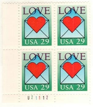 United States | Love Envelope and Heart Plate Block of Four 29-Cent United States Postage Stamps Multicolored Stamp Multicolored