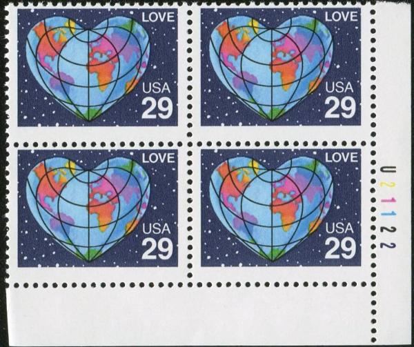 United States | Love Heart Globe Plate Block of Four 29-Cent United States Postage Stamps Issued 1991 Multicolored Stamp Multicolored