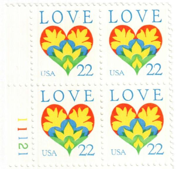 United States | Love Hearts and Flowers Plate Block of Four 22-Cent United States Postage Stamps Issued 1987 Multicolored Stamp Multicolored