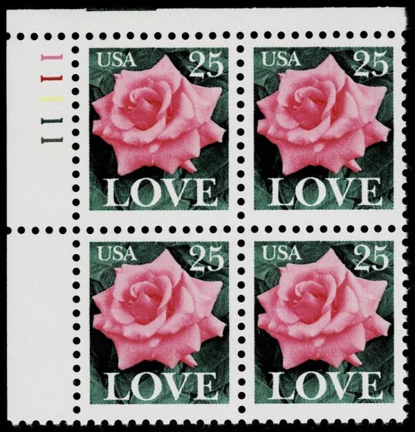United States | Love Pink Rose Plate Block of Four 25-Cent United States Postage Stamps Multicolored Stamp Multicolored