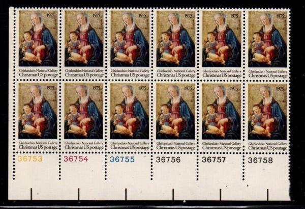 United States | Madonna and Child Plate Block of Twelve 10-Cent United States Postage Stamps Issued 1975 Multicolored Stamp Multicolored