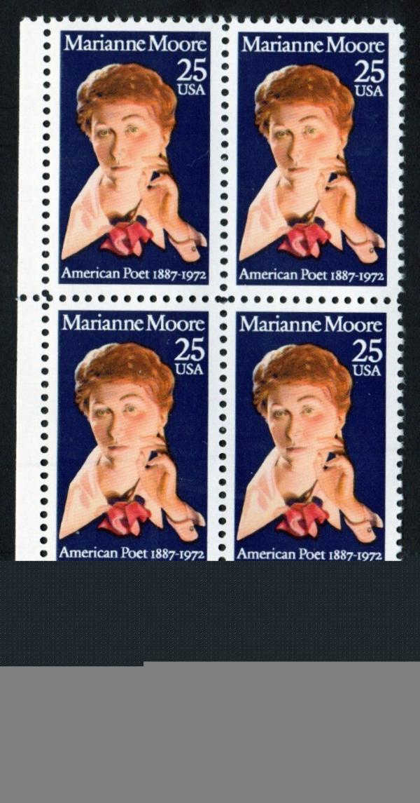 United States | Marianne Moore Plate Block of Four 25-Cent United States Postage Stamps Issued 1990 Multicolored Stamp Multicolored