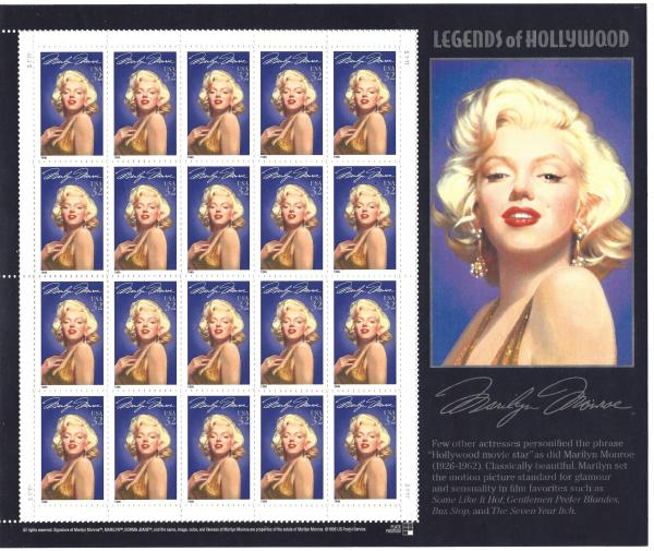 United States | Marilyn Monroe Sheet of Twenty 32-Cent US Postage Stamps Issued 1995 Multicolored Stamp Multicolored
