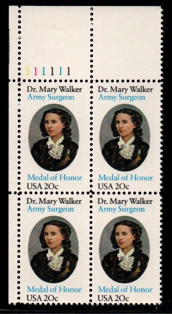 United States | Mary Walker Army Surgeon Plate Block of Four 20-Cent United States Postage Stamps Issued 1982 Multicolored Stamp Multicolored