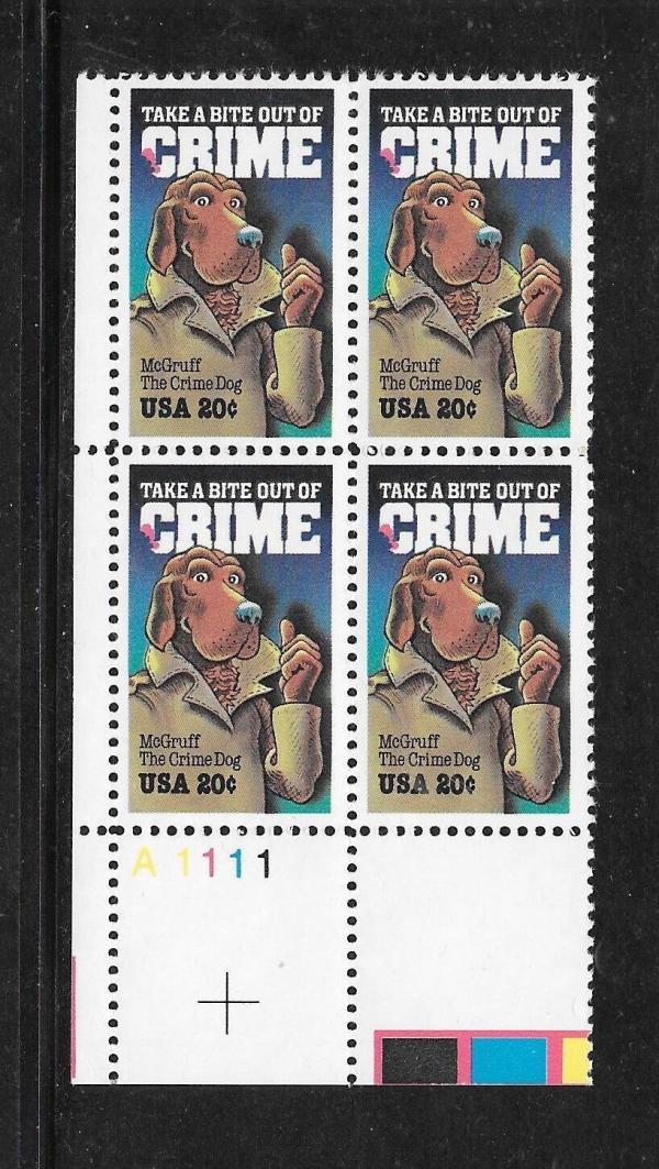 United States | McGruff the Crime Dog Plate Block of Four 20-Cent United States Postage Stamps Issued 1984 Multicolored Stamp Multicolored
