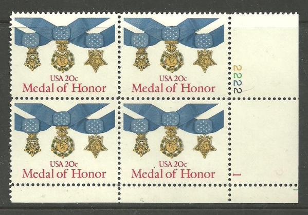 United States | Medal of Honor Plate Block of Four 20-Cent United States Postage Stamps Issued 1983 Multicolored Stamp Multicolored