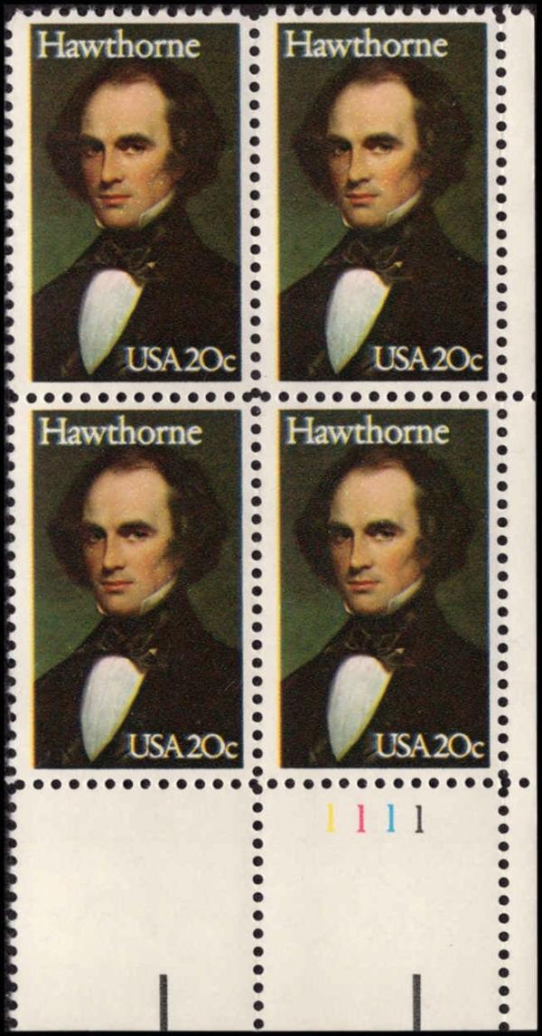 United States | Nathaniel Hawthorne Plate Block of Four 20-Cent United States Postage Stamps Issued 1983 Multicolored Stamp Multicolored