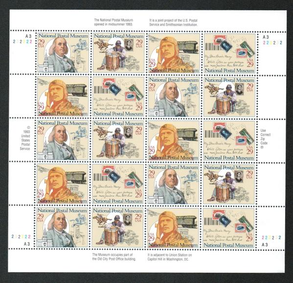 United States | National Postal Museum Sheet of Twenty 29-Cent United States Postage Stamps Issued 1993 Multicolored Stamp Multicolored