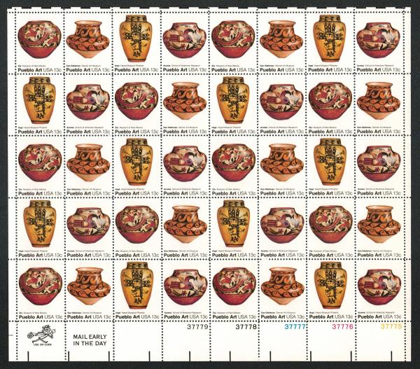 United States | Native American Pueblo Pottery Sheet of Forty 13-Cent United States Postage Stamps Issued 1977 Multicolored Stamp Multicolored