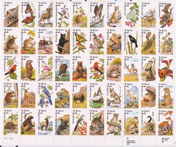 United States | North American Wildlife Mint Sheet of Fifty 22-Cent United States Postage Stamps Issued 1987 Multicolored Stamp Multicolored