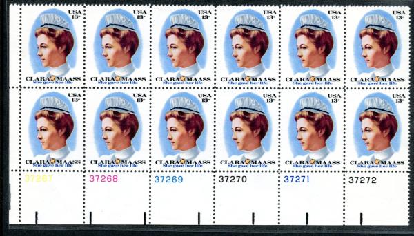 United States | Nurse Clara Maass Plate Block of Twelve 13-Cent US Postage Stamps Issued 1976 Multicolored Stamp Multicolored