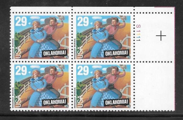 United States | Oklahoma Plate Block of Four 29-Cent United States Postage Stamps Issued 1993 Multicolored Stamp Multicolored