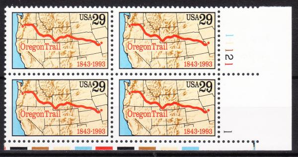 United States | Oregon Trail Plate Block of Four 29-Cent United States Postage Stamps Issued 1993 Multicolored Stamp Multicolored