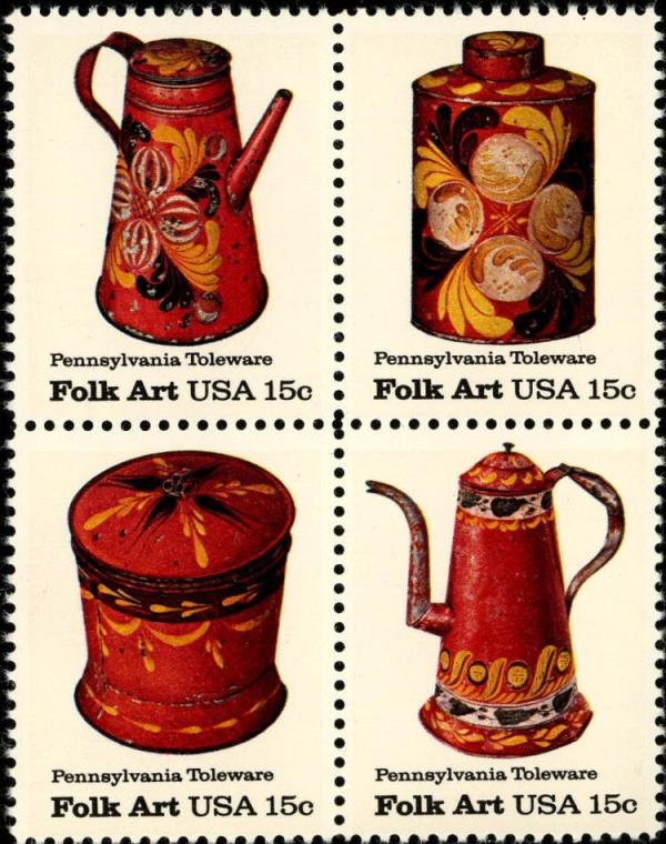 United States | Pennsylvania Toleware American Folk Art Block of Four 15-Cent United States Postage Stamps Multicolored Stamp Multicolored