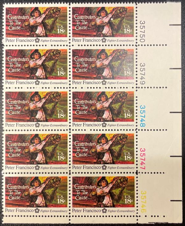 United States | Peter Francisco Plate Block of Ten 18-Cent United States Postage Stamps Issued 1975 Multicolored Stamp Multicolored