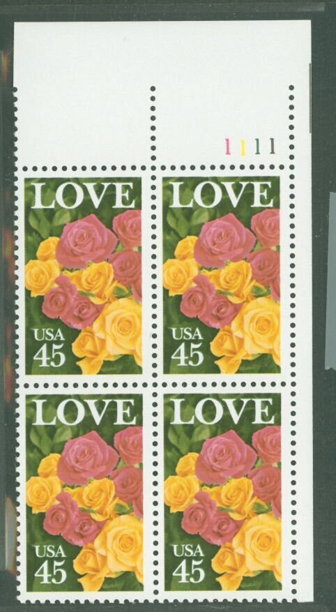 United States | Pink and Yellow Roses Plate Block of Four 45-Cent United States Love Postage Stamps Multicolored Stamp Multicolored