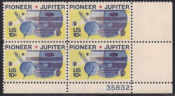 United States | Pioneer 10 and Jupiter Plate Block of Four 10-Cent United States Postage Stamps Issued 1975 Multicolored Stamp Multicolored