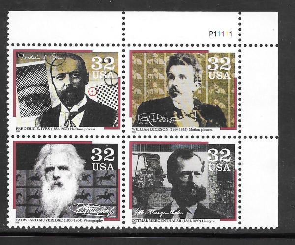 United States | Pioneers of Communication Plate Block of Four 32-Cent US Postage Stamps Issued 1996 Multicolored Stamp Multicolored