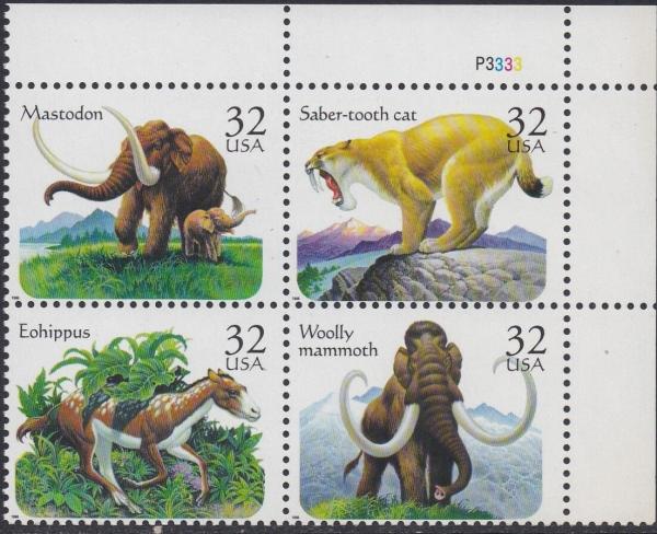 United States | Prehistoric Animals Plate Block of Four 32-Cent US Postage Stamps Issued 1996 Multicolored Stamp Multicolored