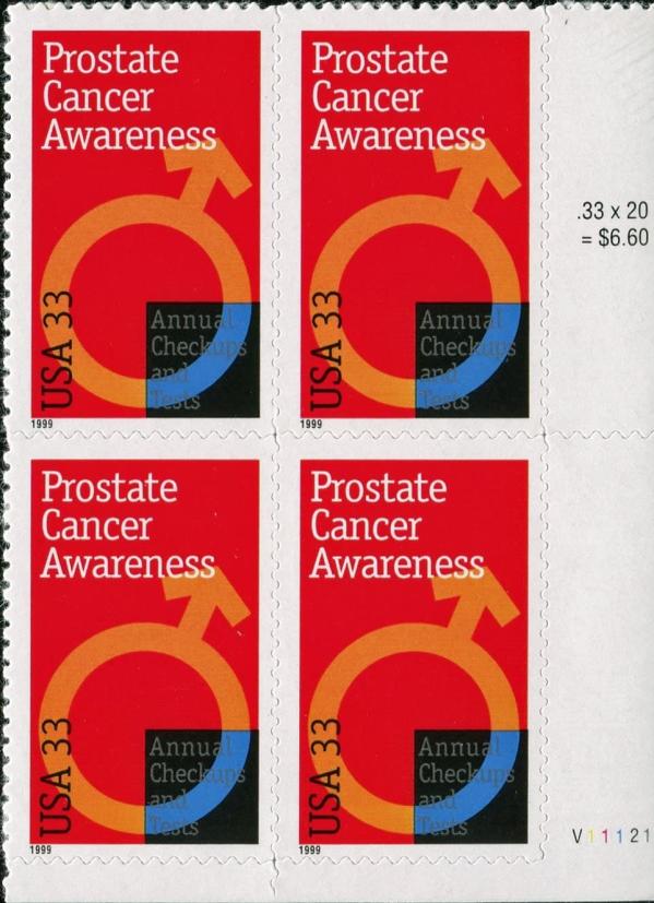 United States | Prostate Cancer Plate Block of Four 33-Cent United States Postage Stamps Issued 1999 Multicolored Stamp Multicolored