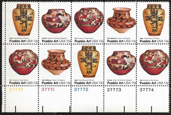 United States | Pueblo Pottery Plate Block of Ten 13-Cent USA Postage Stamps Issued 1977 Multicolored Stamp Multicolored