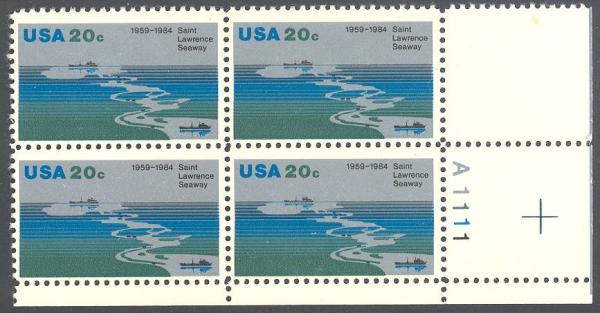 United States | Saint Lawrence Seaway Plate Block of Four 20-Cent United States Postage Stamps Issued 1984 Multicolored Stamp Multicolored