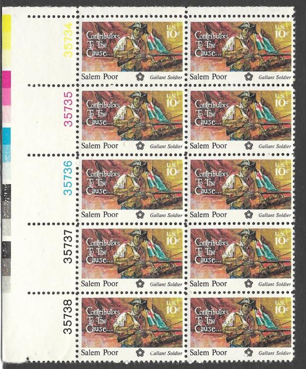 United States | Salem Poor Plate Block of Ten 10-Cent United States Postage Stamps Issued 1975 Multicolored Stamp Multicolored