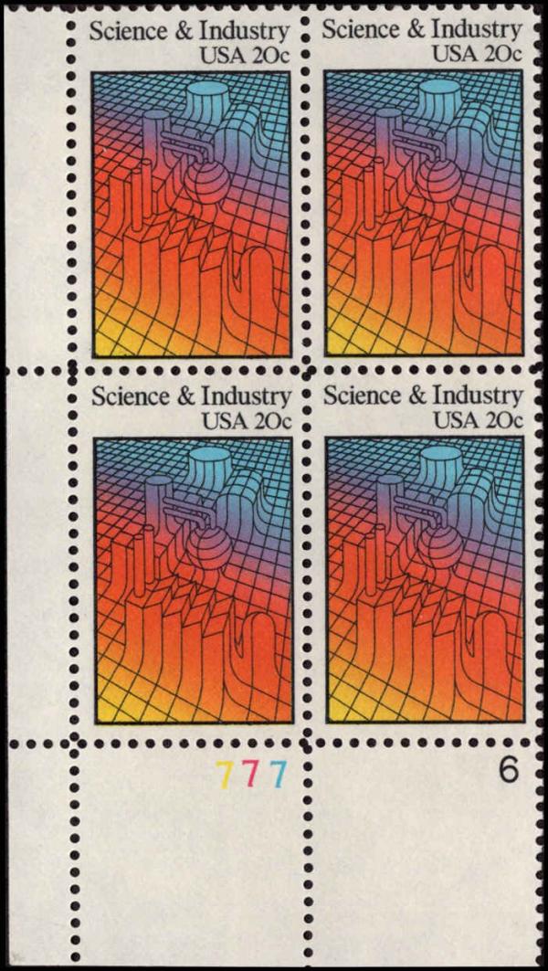 United States | Science and Industry Plate Block of Four 20-Cent United States Postage Stamps Issued 1983 Multicolored Stamp Multicolored