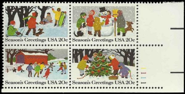 United States | Seasons Greetings Plate Block of Four US 20-Cent Christmas Postage Stamps Issued 1982 Multicolored Stamp Multicolored