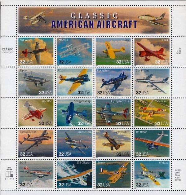 United States | Sheet of Twenty 32-Cent United States Postage Stamps 1997 Classic American Aircraft Multicolored Stamp Multicolored