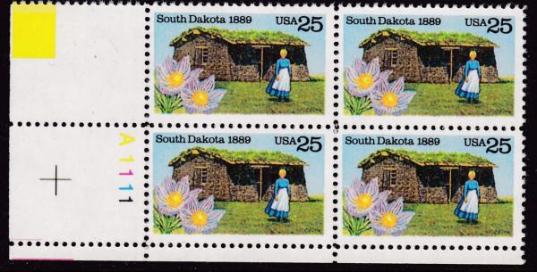 United States | South Dakota Statehood Plate Block of Four 25-Cent United States Postage Stamps Issued 1989 Multicolored Stamp Multicolored
