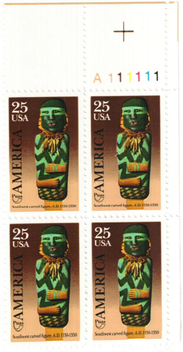 United States | Southwest Carved Figure Plate Block of Four 25-Cent United States Postage Stamps Issued 1989 Multicolored Stamp Multicolored