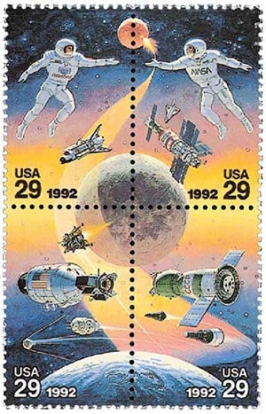 United States | Space Accomplishments Block of Four 29-Cent United States Postage Stamps Issued 1992 Blue and multicolored Stamp Blue & multicolored