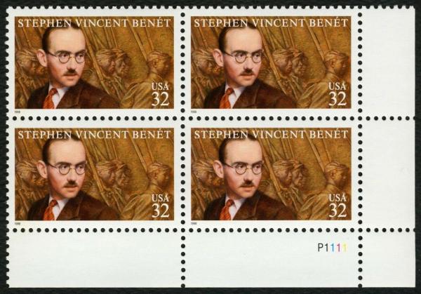 United States | Stephen Vincent Benet Plate Block of Four 32-Cent United States Postage Stamps Issued 1998 Multicolored Stamp Multicolored