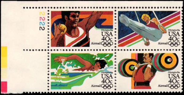 United States | Summer Olympics Plate Block of Four 40-Cent United States Air Mail Postage Stamps Issued 1983 Multicolored Stamp Multicolored