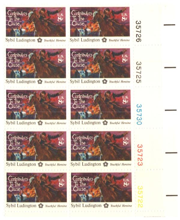 United States | Sybil Ludington Plate Block of Ten 8-Cent United States Postage Stamps Issued 1975 Multicolored Stamp Multicolored