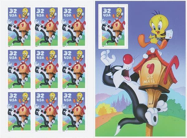 United States | Sylvester and Tweety Sheet of Ten 32-Cent United States Postage Stamps Issued 1998 Multicolored Stamp Multicolored