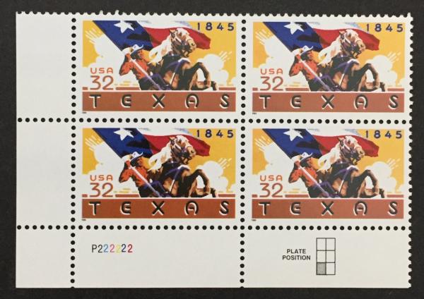United States | Texas Statehood Plate Block of Four 32-Cent US Postage Stamps Multicolored Stamp Multicolored